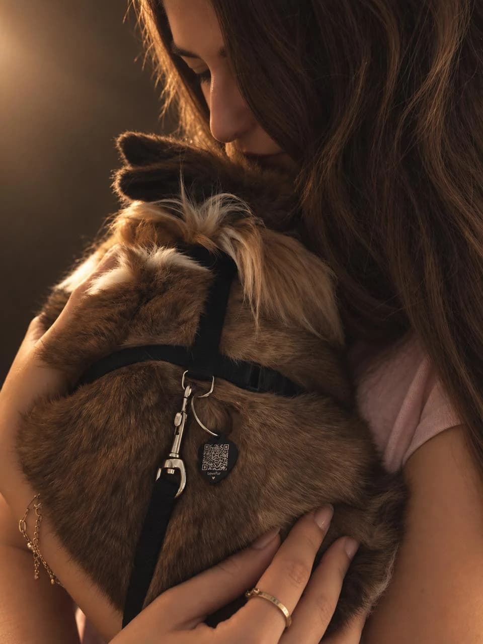Rabbit wearing a LoveFur tag while being held by its owner